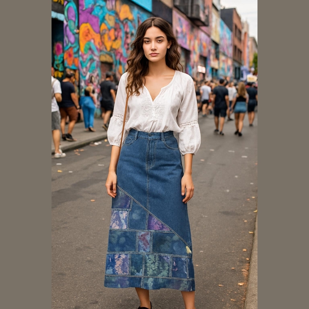 Vintage 🇨🇦 Made in Canada Simon Chang Maxi Column Skirt Denim Quilted Patchwor